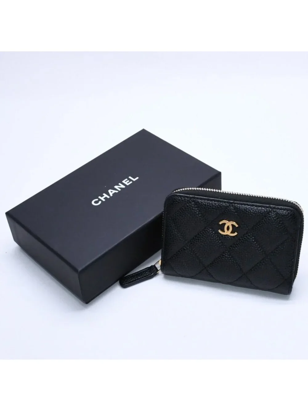Chanel Classic Zip Coin Purse Quilted Caviar Leather Stand Black Wallet Card